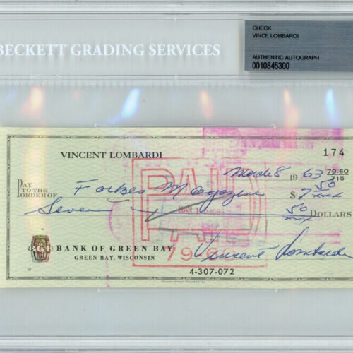 Vince Lombardi Autographed Signed 3×6 Check Green Bay Packers Beckett #10845300